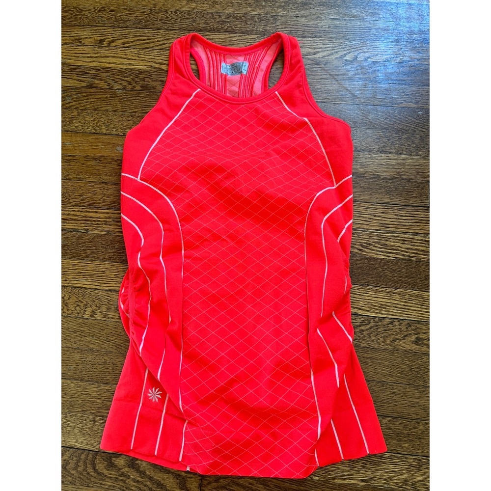 Athleta Racerback Tank Top Neon Coral Seamless Grid Ruched Yoga XS